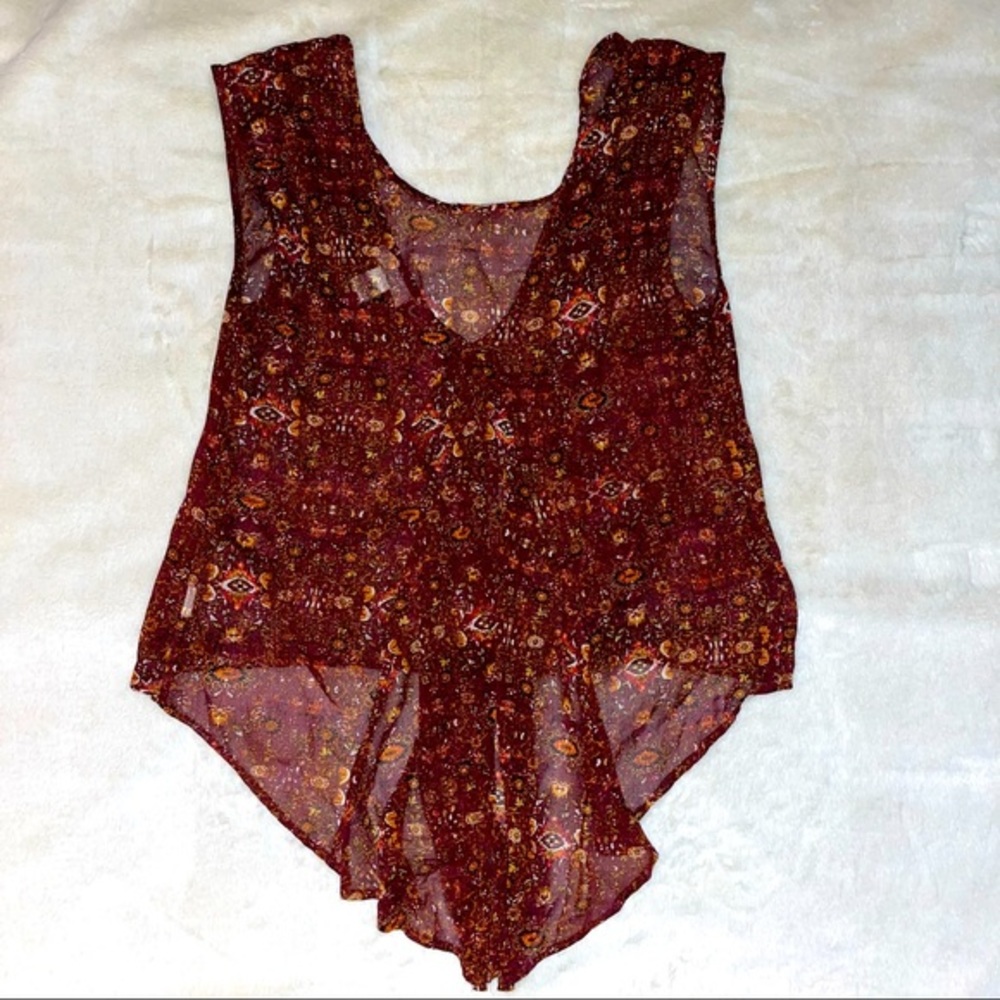 Band of Gypsies Boho Maroon Floral Sheer High Low Sleeveless Blouse - Size Small